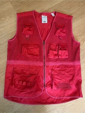 Vintage Bugle Boy Utility Fishing Vest XL Red Mesh Ramie Cotton 90s